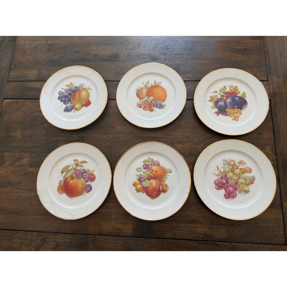 Josef Kuba Vintage Western Germany Fruit Plates Set of 6 Gold Trim Porcelain 8"